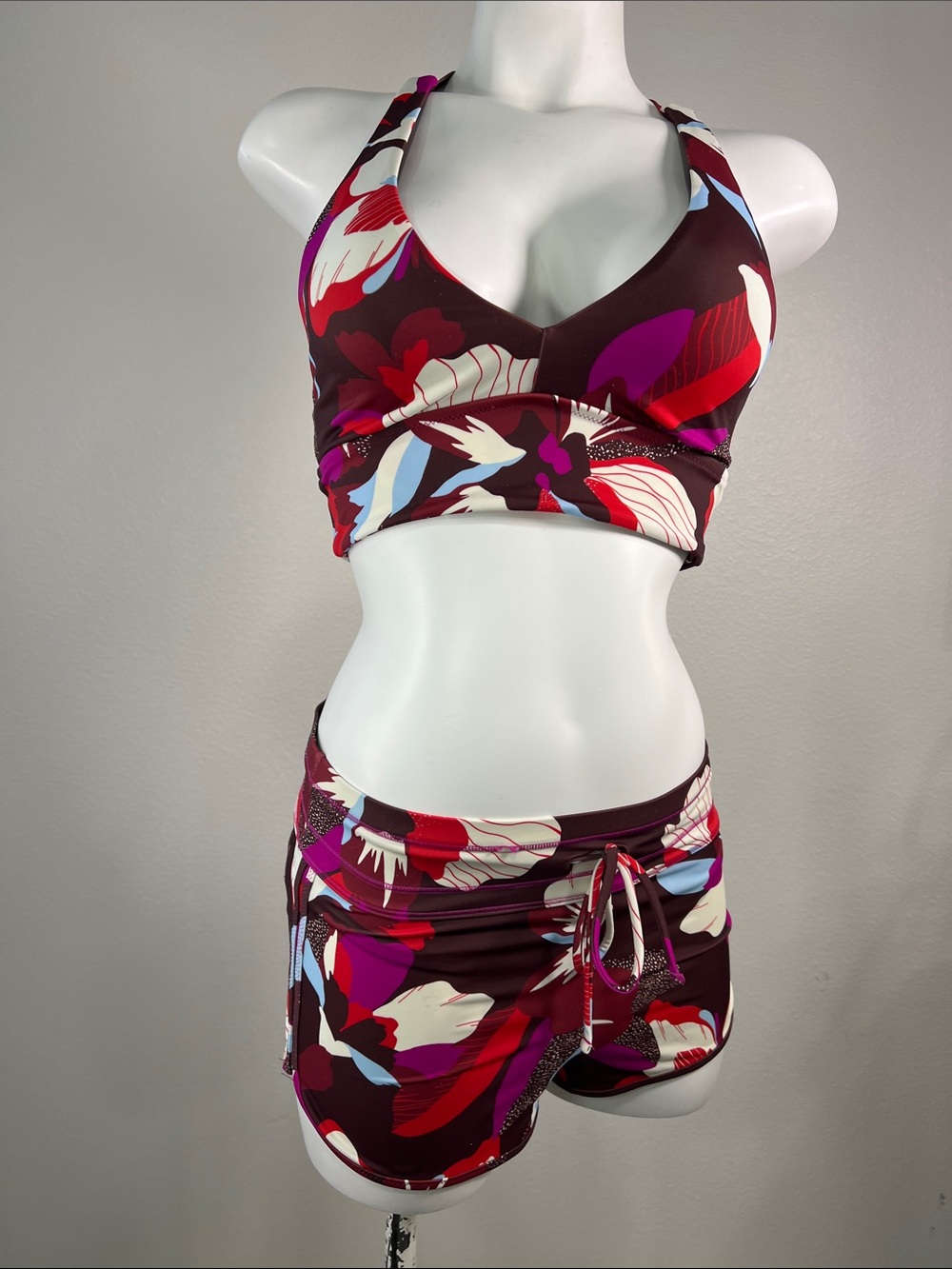Athleta Burgundy Floral-Print Bikini Top SMALL & Surge Swim Shorts XXS